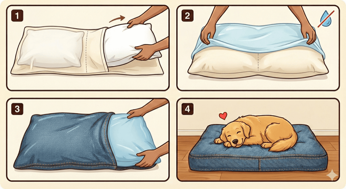 How to assemble your Dazzling Doggie Duvet: 1. Insert standard bed pillows into the pillowcase pockets, 2. Drape the waterproof liner over the pillowcase, 3. Slide the assembly into the outer denim duvet cover, 4. Your pup's bed is ready